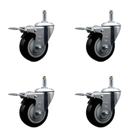 Service Caster 3.5'' Black Poly Swivel 7/16'' Stem Caster Set with Total Lock Brake, 4PK SCC-GRTTL20S3514-PPUB-BLK-716138-4